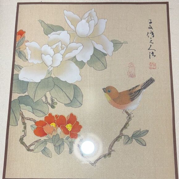 Framed Floral and Bird silk Art Print - Picture 3 of 4